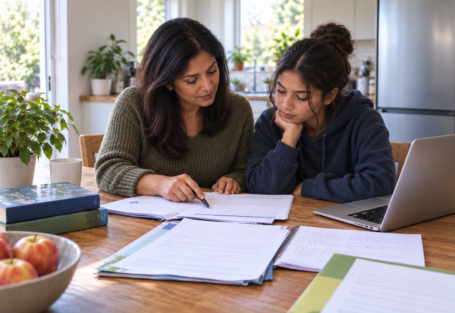 A parent and her teenage daughter at the kitchen table, going through school paperwork and printed topic lists together