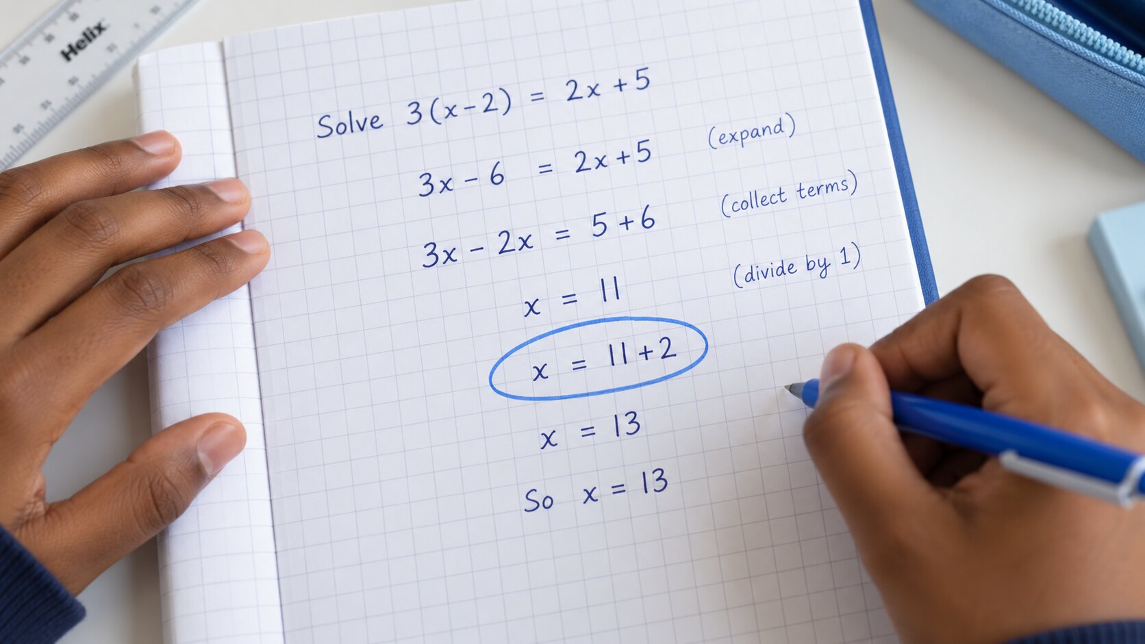 A student’s working for solving 3(x − 2) = 2x + 5, with the first wrong line circled in pen