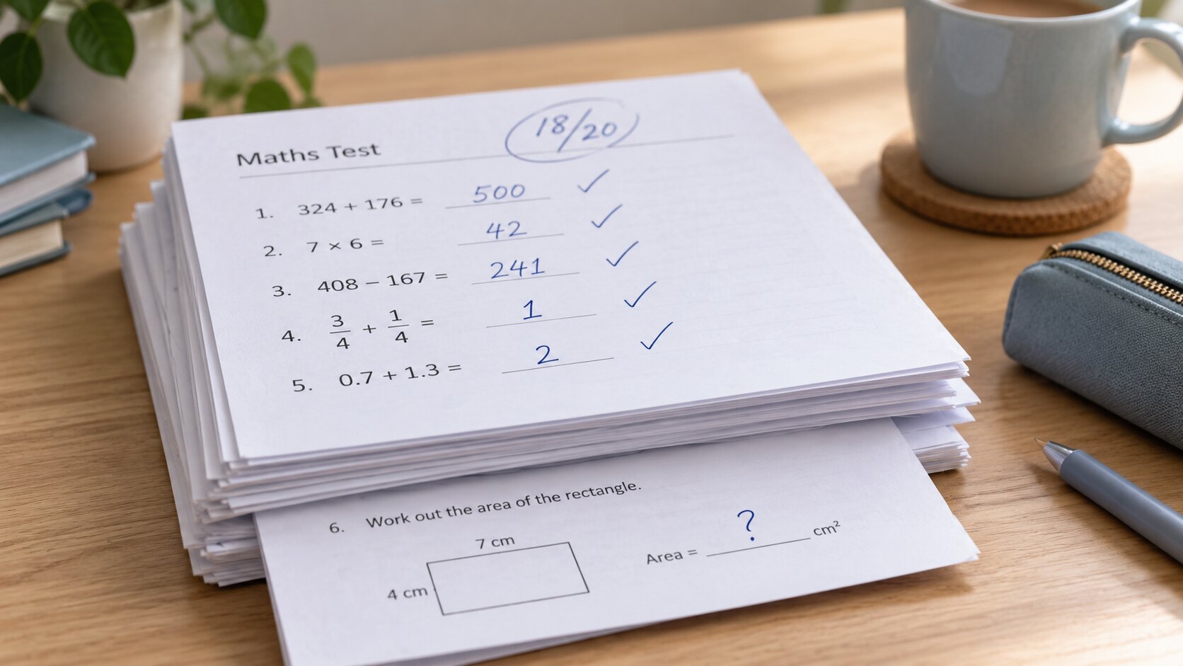 A marked maths test scoring 18 out of 20, with an area question underneath left unanswered