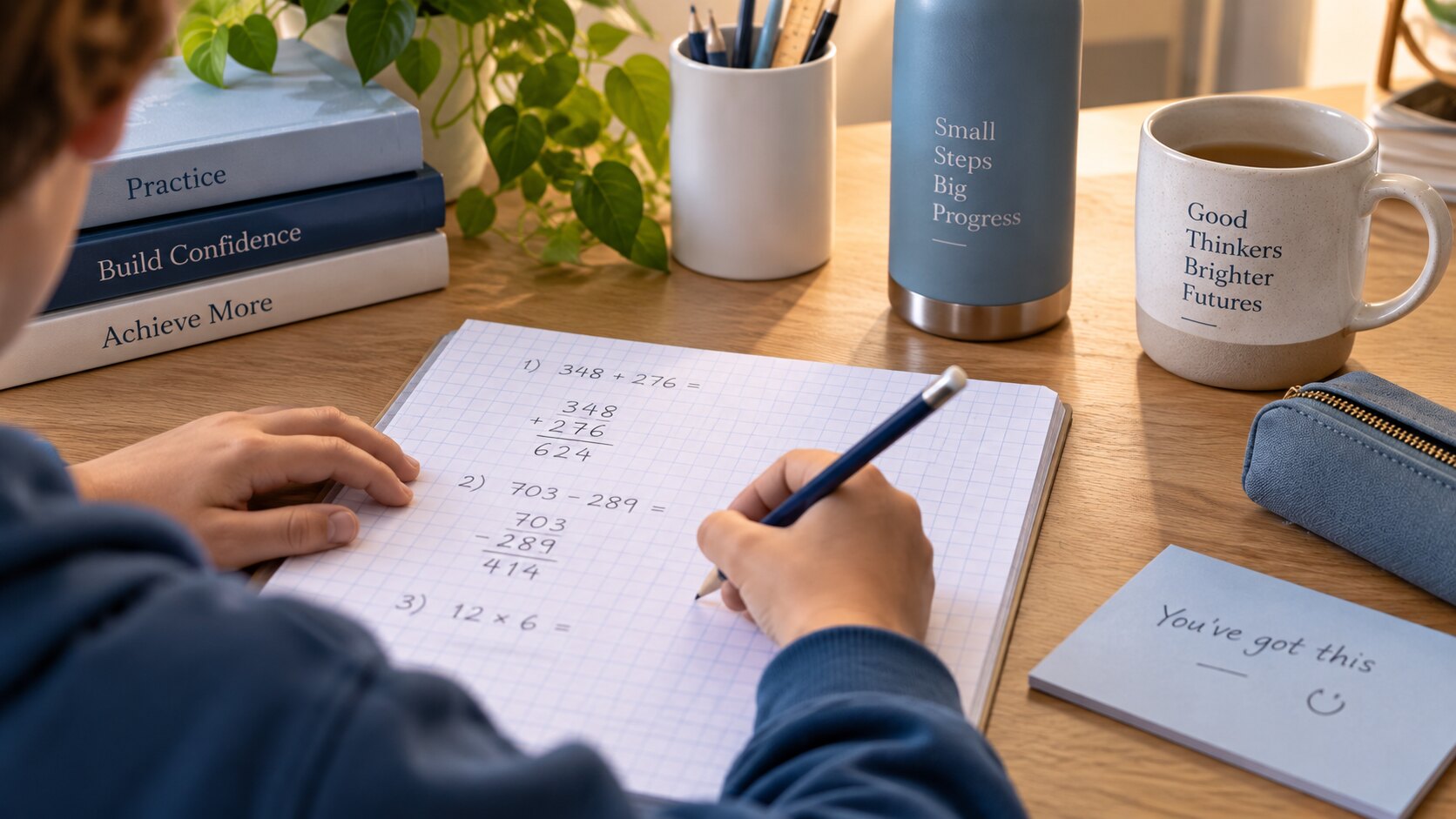 A student working through column addition and subtraction on squared paper at a desk