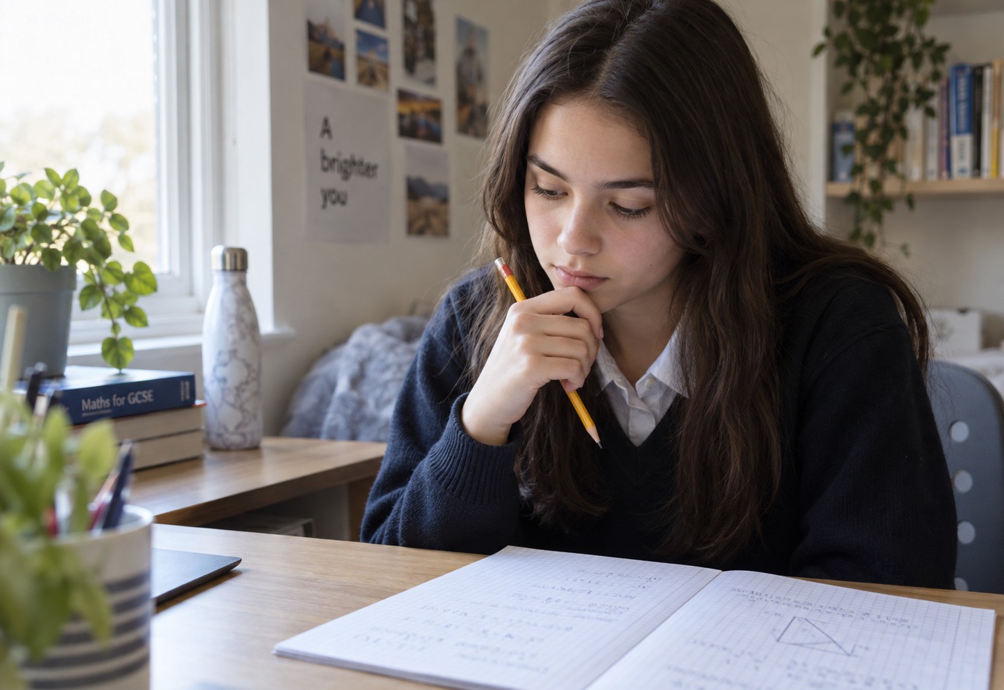 A secondary school pupil at her desk at home, pencil at her chin, reading the question in her exercise book before she starts to calculate