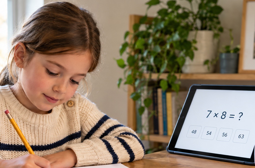 A primary school pupil writing at the kitchen table, with a tablet beside her showing the question 7 × 8 and four answers to choose from