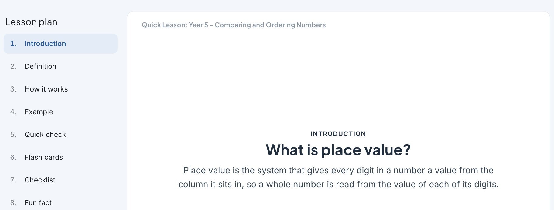 A Quick Lesson on place value, with its lesson plan alongside
