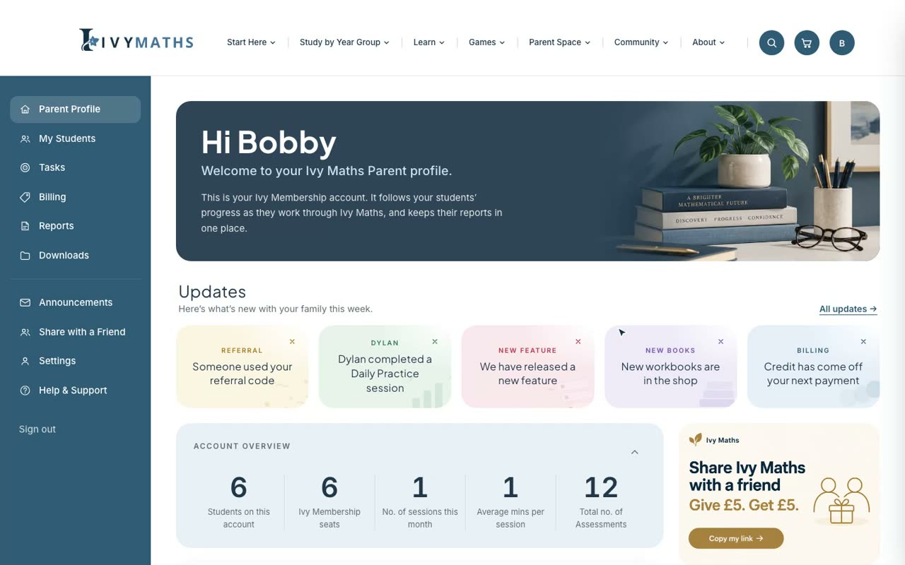 The Ivy Maths parent dashboard