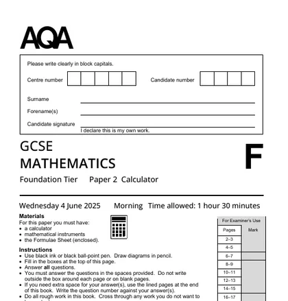 AQA GCSE Maths June 2025, Foundation, Paper 2: Calculator, front cover