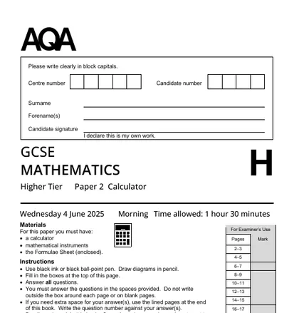 AQA GCSE Maths June 2025, Higher, Paper 2: Calculator, front cover