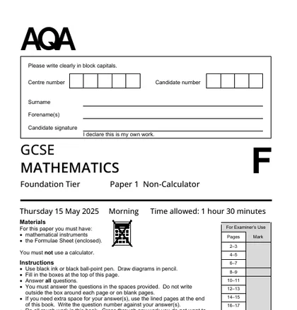 AQA GCSE Maths June 2025, Foundation, Paper 1: Non-calculator, front cover