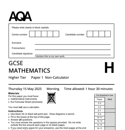 AQA GCSE Maths June 2025, Higher, Paper 1: Non-calculator, front cover