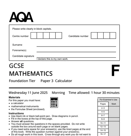 AQA GCSE Maths June 2025, Foundation, Paper 3: Calculator, front cover