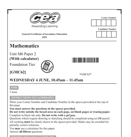 CCEA GCSE Maths June 2025, Foundation, M6: Paper 2 (With calculator), front cover