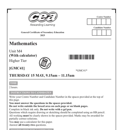 CCEA GCSE Maths June 2025, Higher, M4 (With calculator), front cover