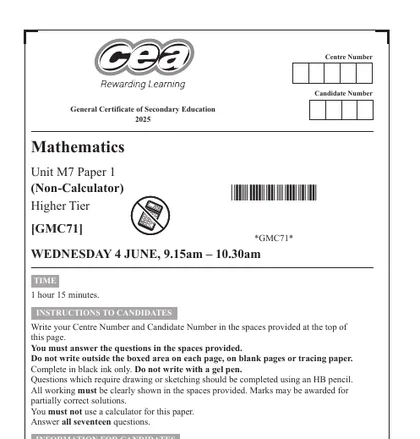 CCEA GCSE Maths June 2025, Higher, M7: Paper 1 (Non-calculator), front cover