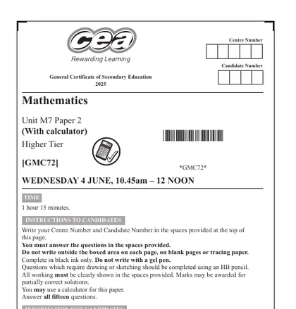 CCEA GCSE Maths June 2025, Higher, M7: Paper 2 (With calculator), front cover