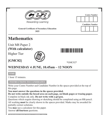 CCEA GCSE Maths June 2025, Higher, M8: Paper 2 (With calculator), front cover