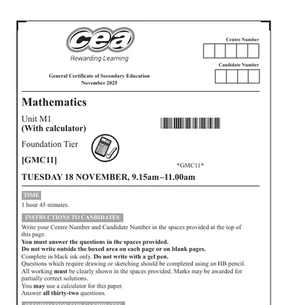 CCEA GCSE Maths November 2025, Foundation, M1 (With calculator), front cover
