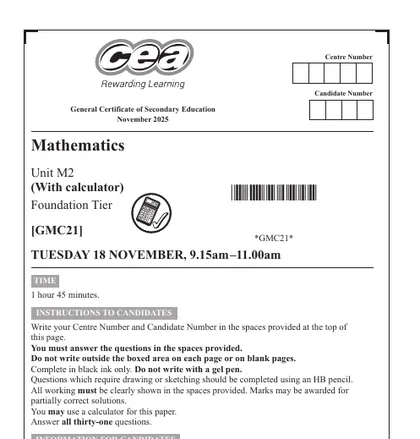 CCEA GCSE Maths November 2025, Foundation, M2 (With calculator), front cover