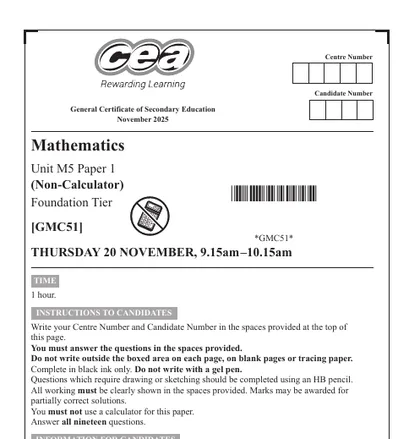 CCEA GCSE Maths November 2025, Foundation, M5: Paper 1 (Non-calculator), front cover