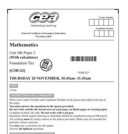 CCEA GCSE Maths November 2025, Foundation, M6: Paper 2 (With calculator), front cover