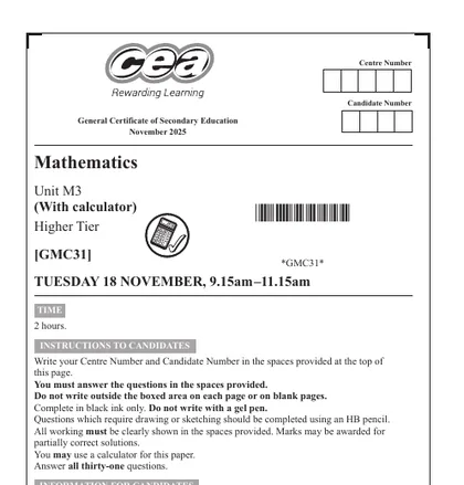 CCEA GCSE Maths November 2025, Higher, M3 (With calculator), front cover