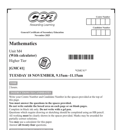 CCEA GCSE Maths November 2025, Higher, M4 (With calculator), front cover