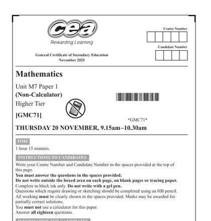 CCEA GCSE Maths November 2025, Higher, M7: Paper 1 (Non-calculator), front cover