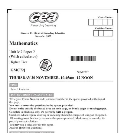 CCEA GCSE Maths November 2025, Higher, M7: Paper 2 (With calculator), front cover