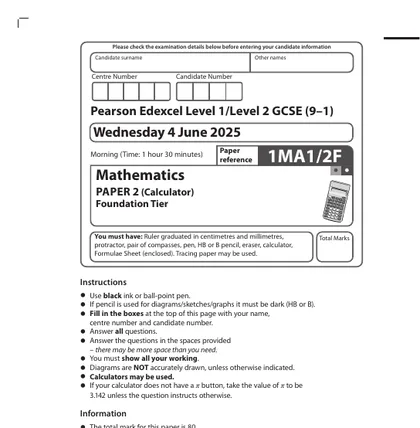 Edexcel GCSE Maths June 2025, Foundation, Paper 2: Calculator, front cover