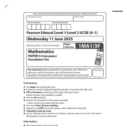 Edexcel GCSE Maths June 2025, Foundation, Paper 3: Calculator, front cover