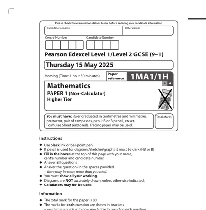 Edexcel GCSE Maths June 2025, Higher, Paper 1: Non-calculator, front cover