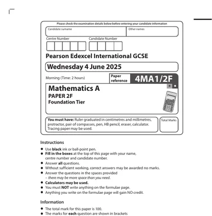 Edexcel International GCSE Maths June 2025, Foundation, Paper 2F, front cover