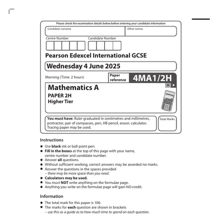 Edexcel International GCSE Maths June 2025, Higher, Paper 2H, front cover