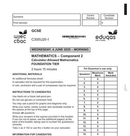 Eduqas GCSE Maths June 2025, Foundation, Component 2: Calculator, front cover