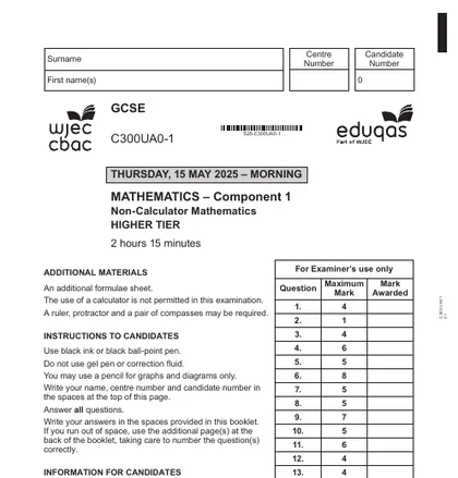 Eduqas GCSE Maths June 2025, Higher, Component 1: Non-calculator, front cover