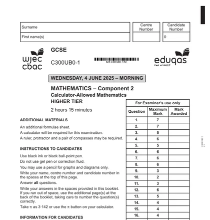 Eduqas GCSE Maths June 2025, Higher, Component 2: Calculator, front cover