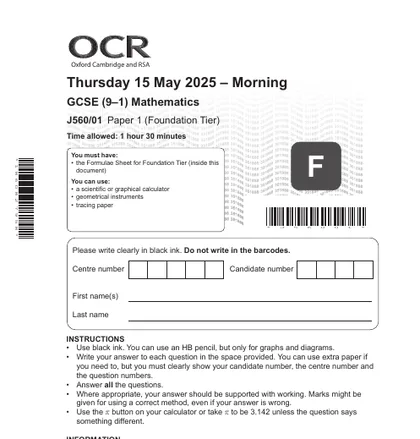 OCR GCSE Maths June 2025, Foundation, Paper 1: Calculator, front cover