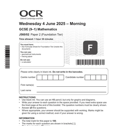 OCR GCSE Maths June 2025, Foundation, Paper 2: Non-calculator, front cover