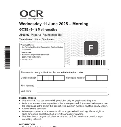 OCR GCSE Maths June 2025, Foundation, Paper 3: Calculator, front cover