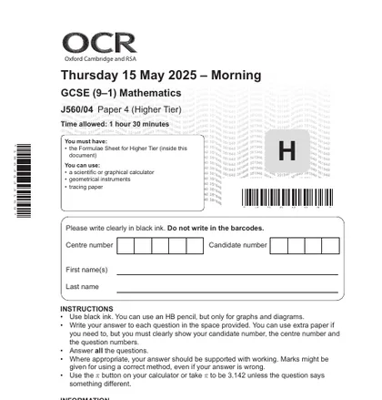 OCR GCSE Maths June 2025, Higher, Paper 4: Calculator, front cover