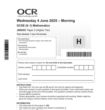 OCR GCSE Maths June 2025, Higher, Paper 5: Non-calculator, front cover