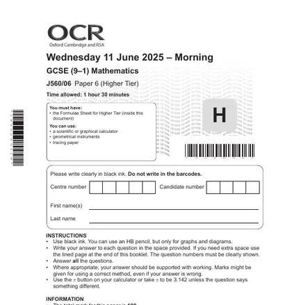 OCR GCSE Maths June 2025, Higher, Paper 6: Calculator, front cover