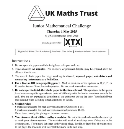 Junior Maths Challenge 2025, Junior Mathematical Challenge, front cover