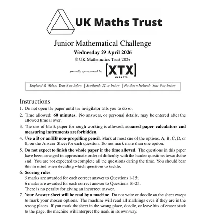 Junior Maths Challenge 2026, Junior Mathematical Challenge, front cover