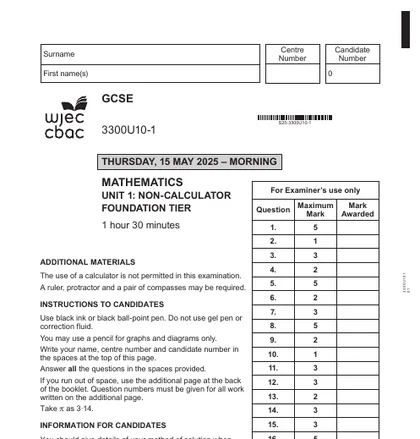 WJEC GCSE Maths June 2025, Foundation, Unit 1: Non-calculator, front cover