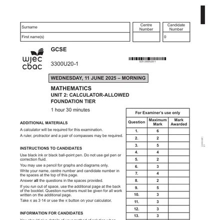 WJEC GCSE Maths June 2025, Foundation, Unit 2: Calculator-allowed, front cover