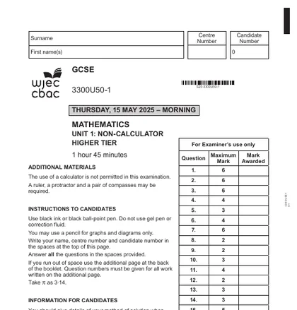 WJEC GCSE Maths June 2025, Higher, Unit 1: Non-calculator, front cover