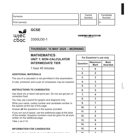 WJEC GCSE Maths June 2025, Intermediate, Unit 1: Non-calculator, front cover