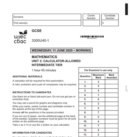WJEC GCSE Maths June 2025, Intermediate, Unit 2: Calculator-allowed, front cover