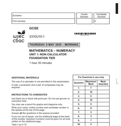 WJEC GCSE Maths June 2025, Foundation, Numeracy, Unit 1: Non-calculator, front cover