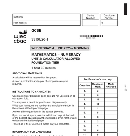 WJEC GCSE Maths June 2025, Foundation, Numeracy, Unit 2: Calculator-allowed, front cover