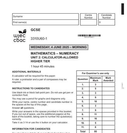 WJEC GCSE Maths June 2025, Higher, Numeracy, Unit 2: Calculator-allowed, front cover